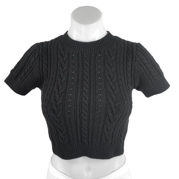 Free People Women's Black Cable Knit Short Sleeve Stretch Crop Sweater Top Sz S - Picture 1 of 4